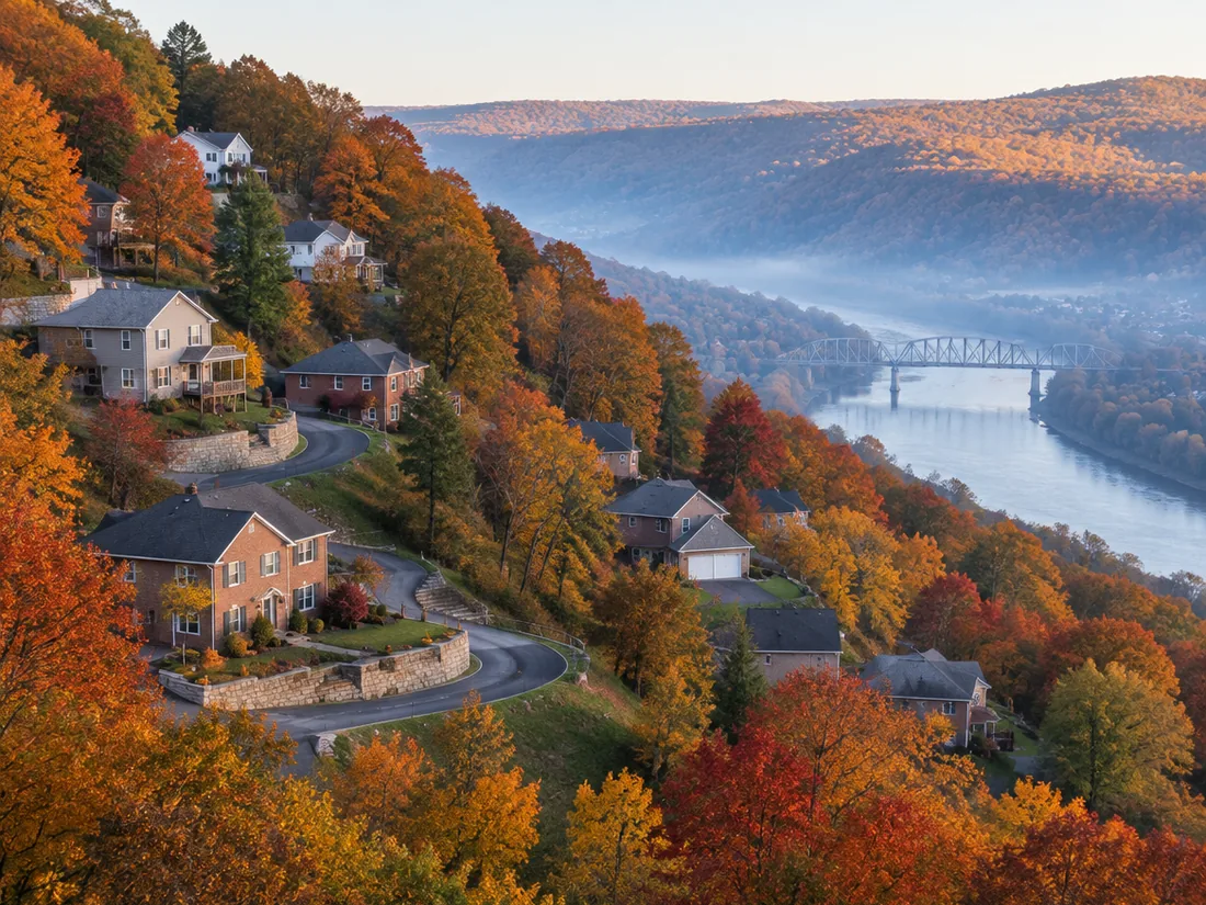 Houses stepping down a steep wooded hillside above a river valley in autumn colour