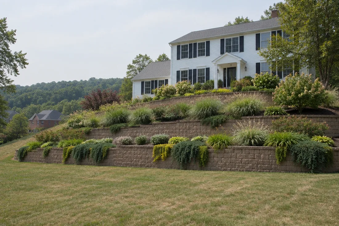 Three terraces of block retaining wall below a white clapboard house, the planting on them now fully grown in