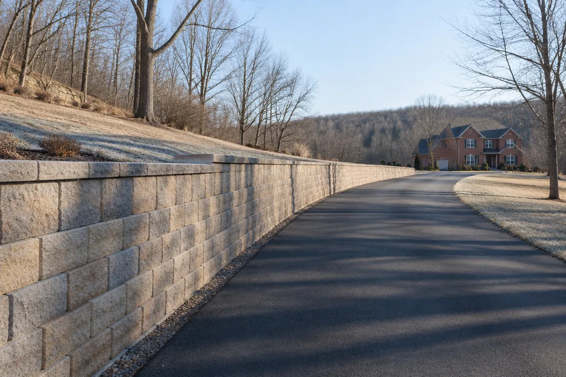 A long block retaining wall curving away beside a driveway in winter, bare trees behind it