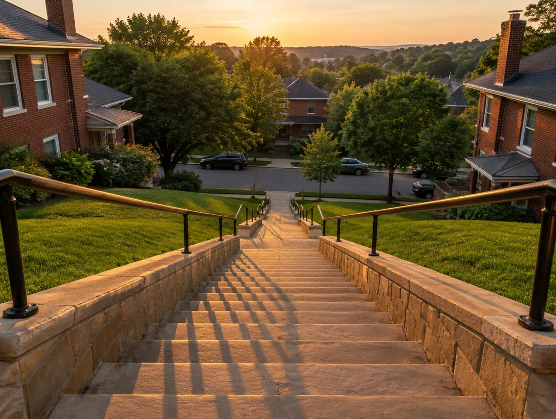 A long flight of stone steps running down a steep front lawn to the street in low evening sunlight