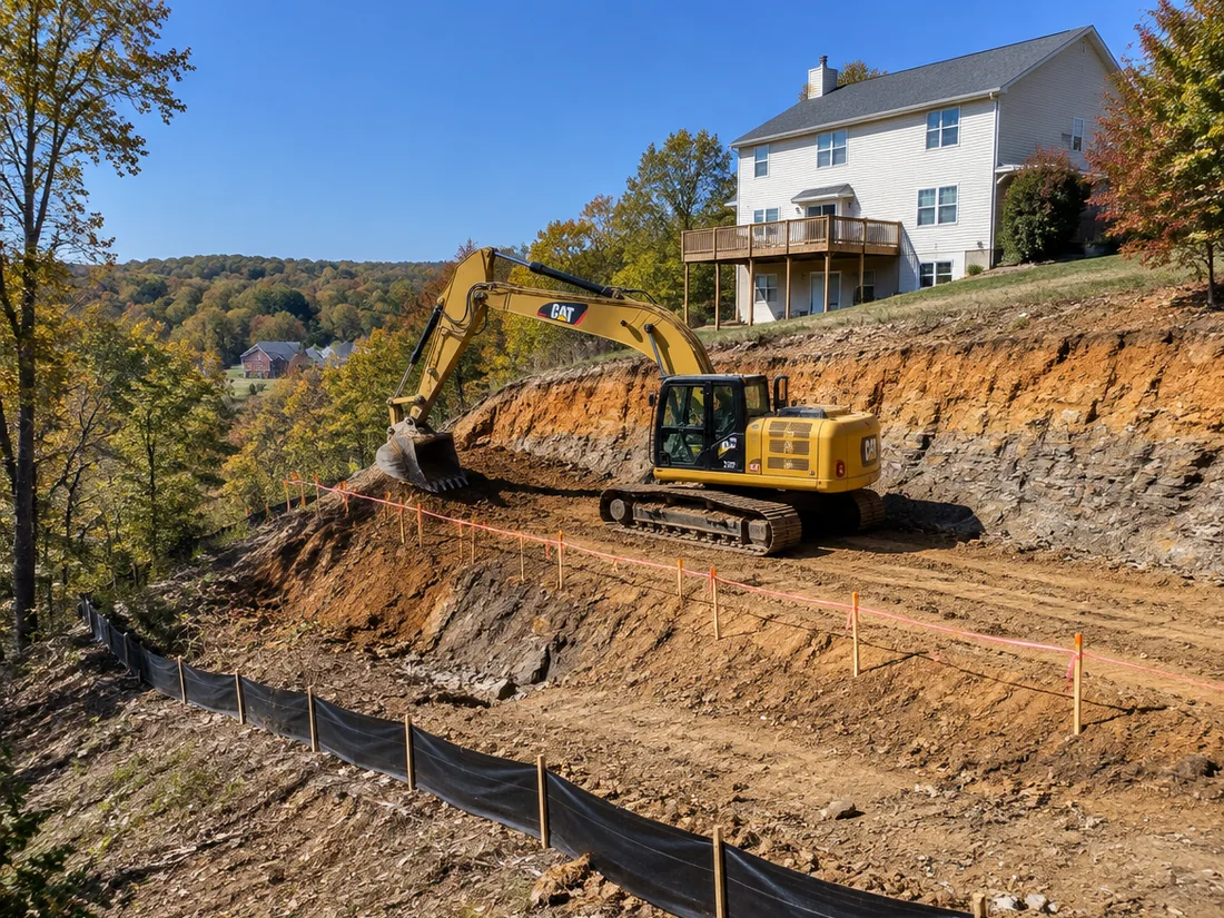 A tracked excavator cutting a stepped bench into a steep clay slope in hard autumn sunlight, grade stakes and silt fence along the cut