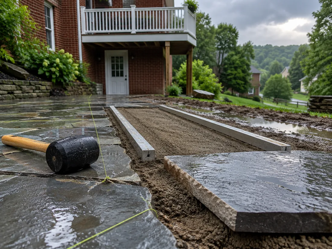 Bluestone flags being bedded into screeded sand just after rain, the laid stone dark and wet beside the screed rails