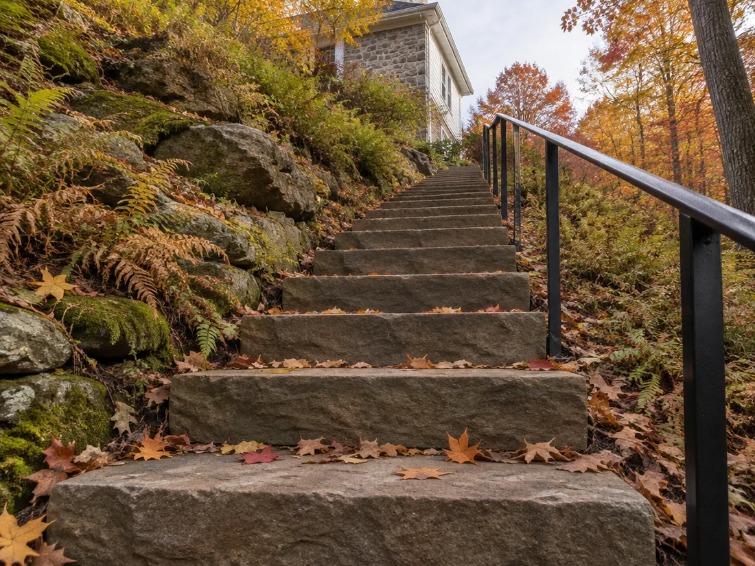 A flight of quarried sandstone slab treads climbing a fern bank, autumn leaves lying across them