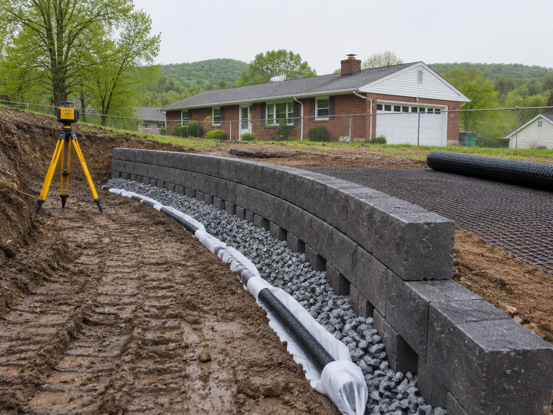 A retaining wall part-built on an overcast day, its base course still open to show the drainage stone and perforated pipe behind the block
